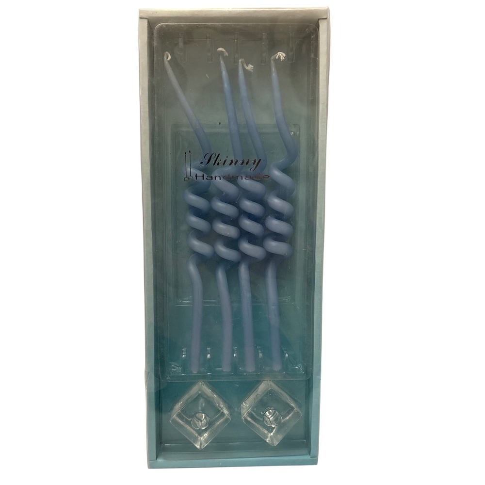 1970s Skinny Handmade Blue‎ Swirl Candles With Glass Candle Holders Party Decor